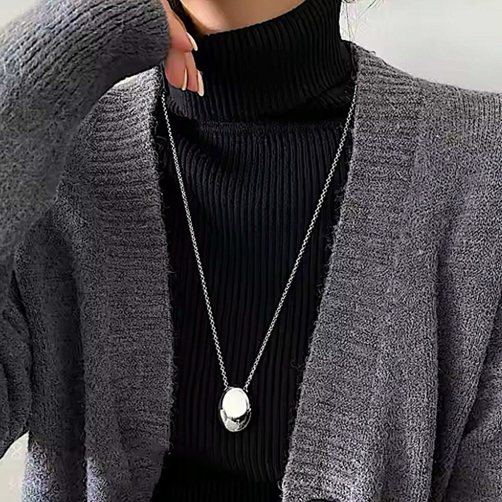 Silver Minimalist Long Oval Sweater Necklace  Stainless Steel Pendant Waterproof
